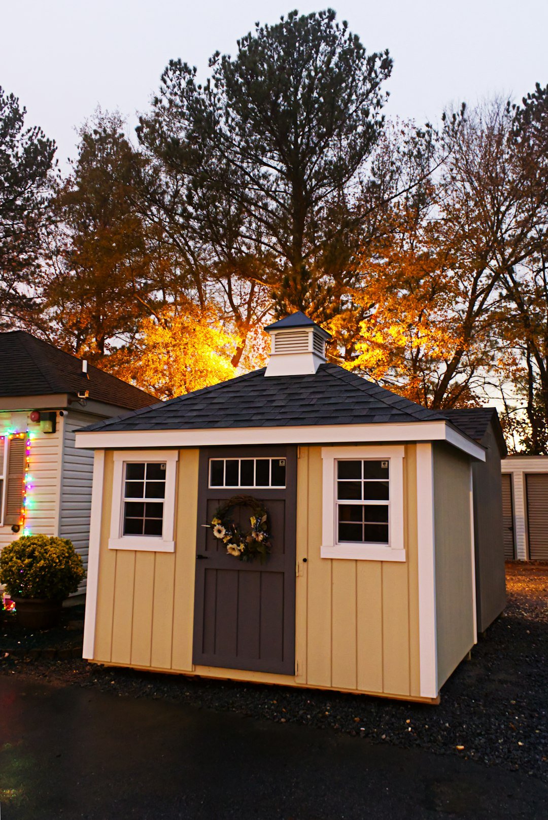 Shed backed by the warm glow of a street light in the fog at dusk.