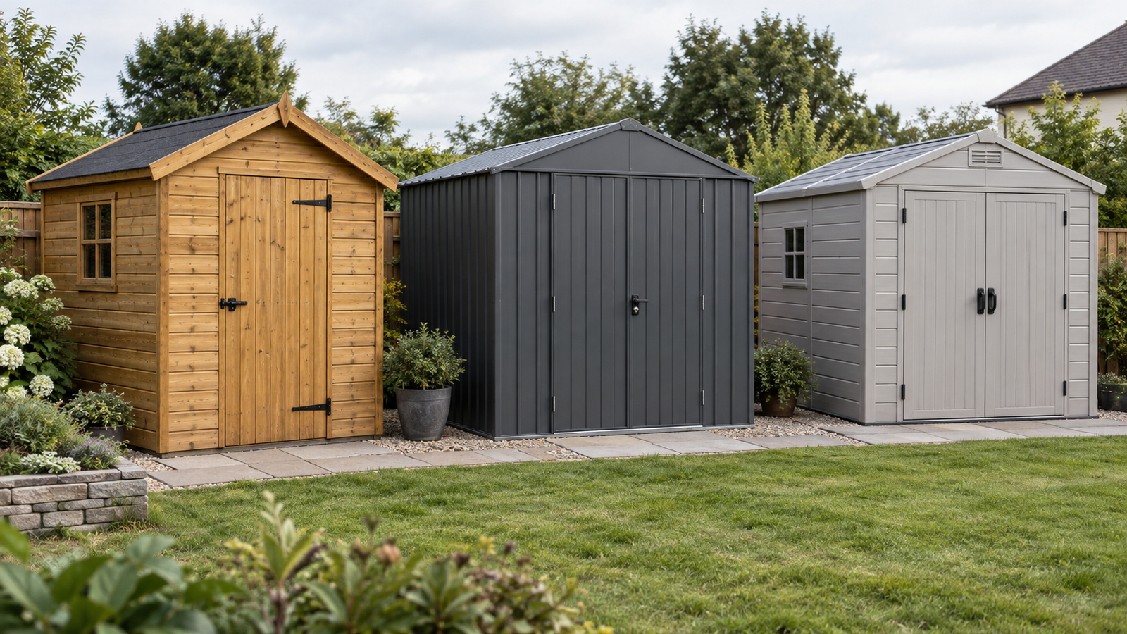 Wood, metal, and resin garden sheds shown side by side in a garden