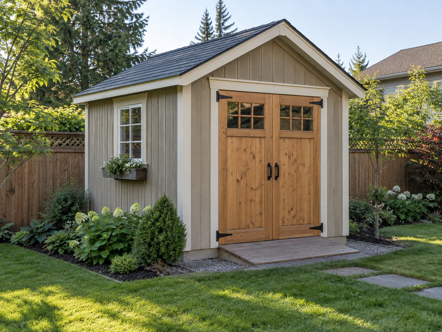 service-01 Custom Pot Sheds garden shed in a landscaped backyard