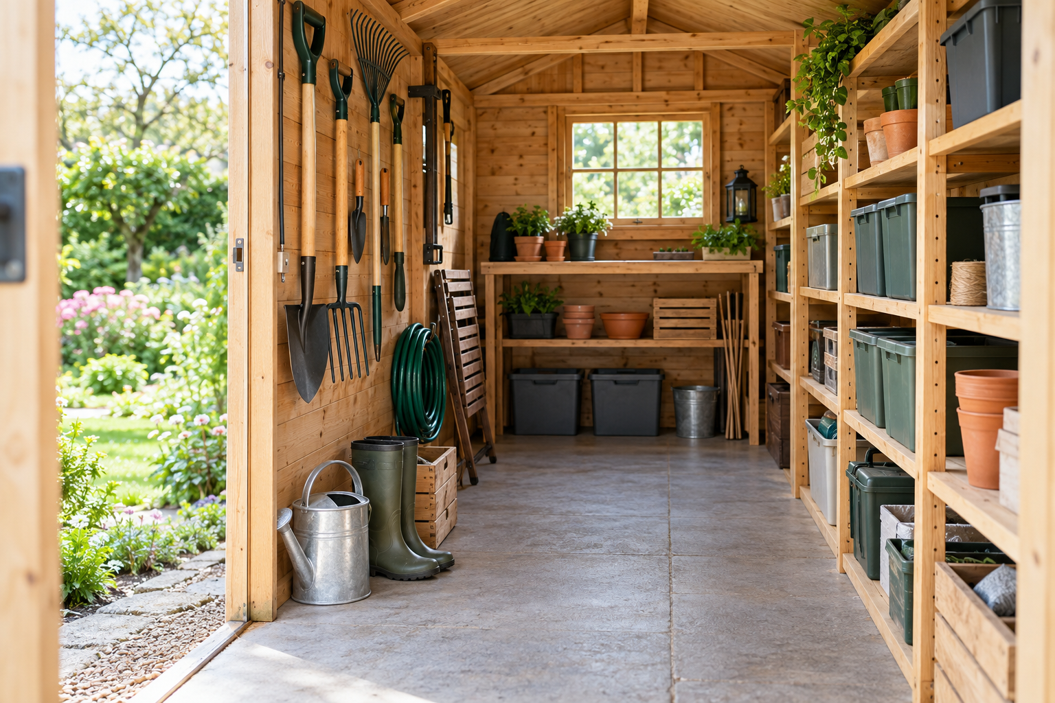 Organized wooden garden shed interior with wall-mounted tools, shelves, bins, and a clear walkway