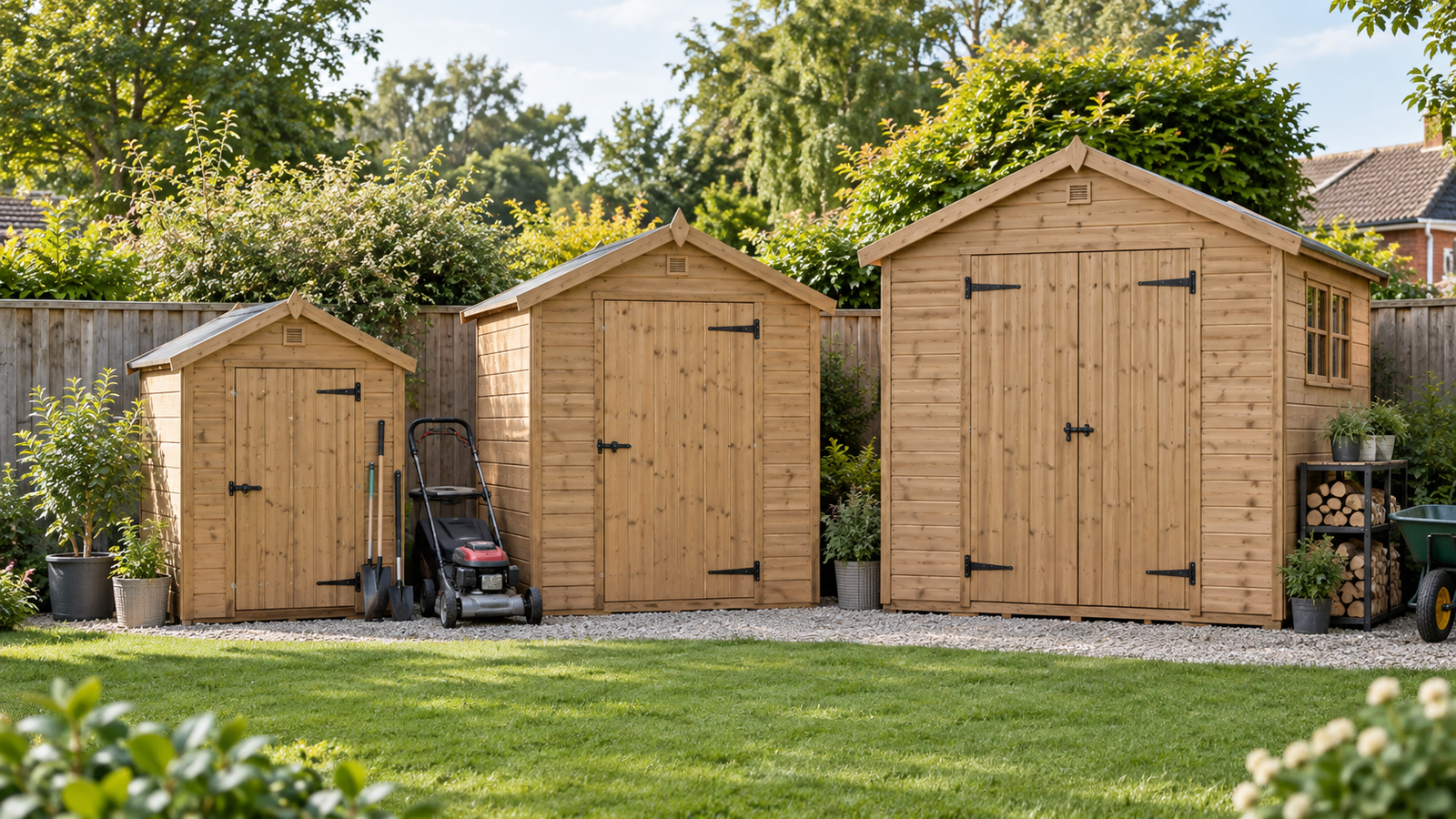 Three wooden garden sheds in small, medium, and large sizes in a landscaped backyard