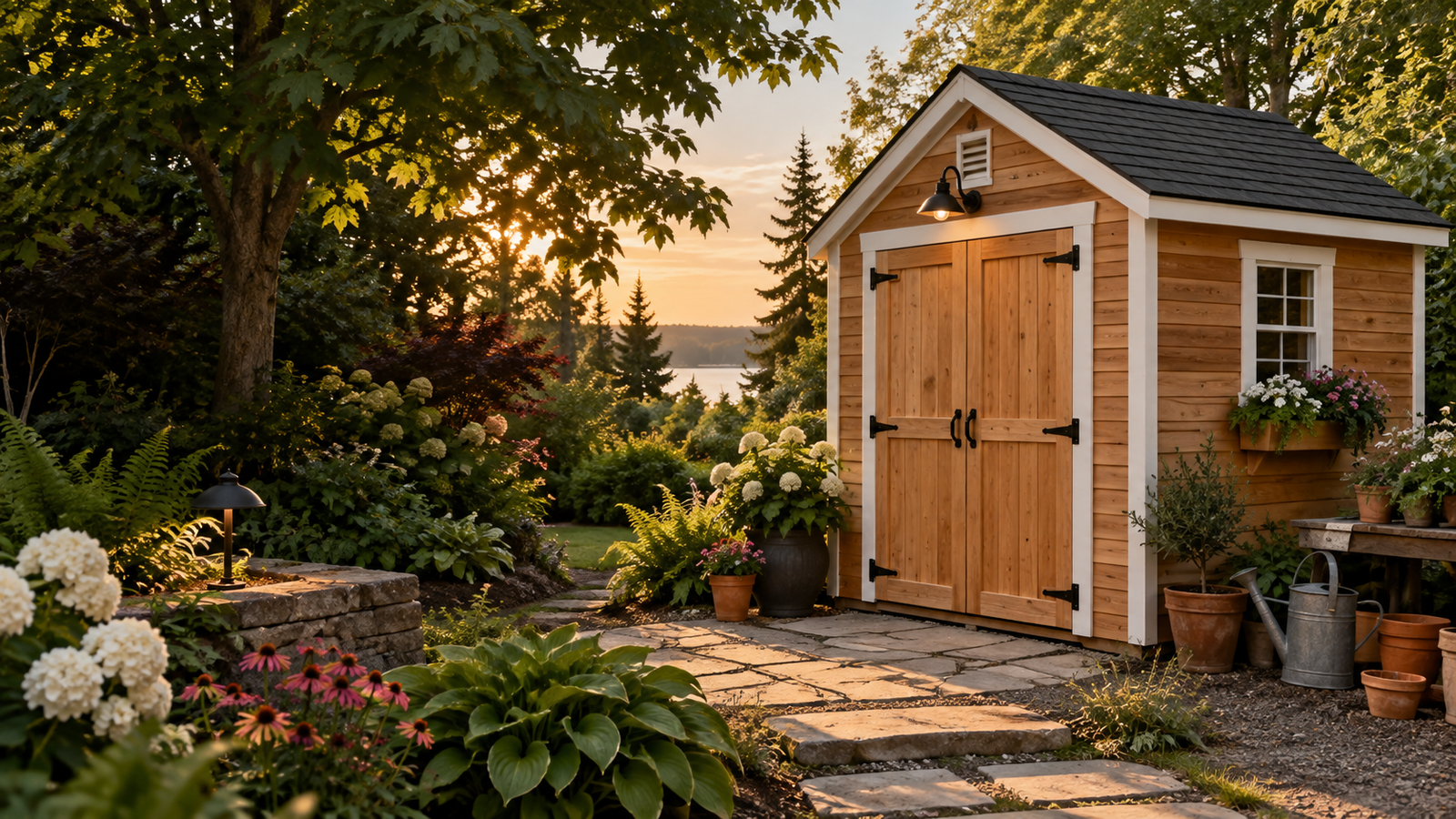 Finished Pot Sheds garden shed in a landscaped yard