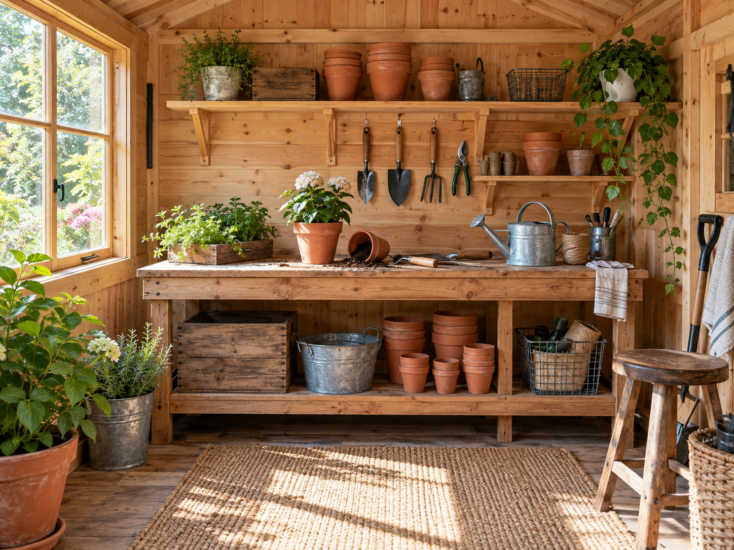 High-detail Pot Sheds potting shed interior with organized garden tools