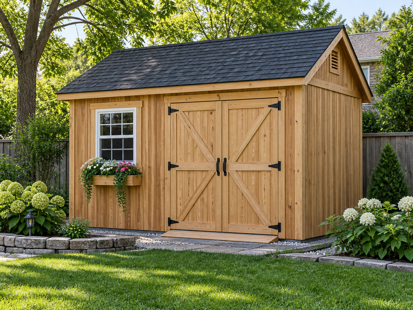 High-detail Pot Sheds cedar workshop shed with double doors