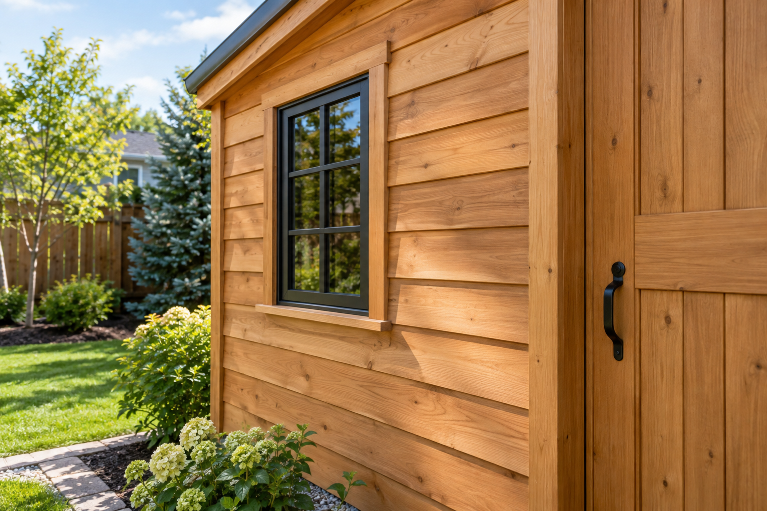 Wood chalet siding on a Pot Sheds garden shed